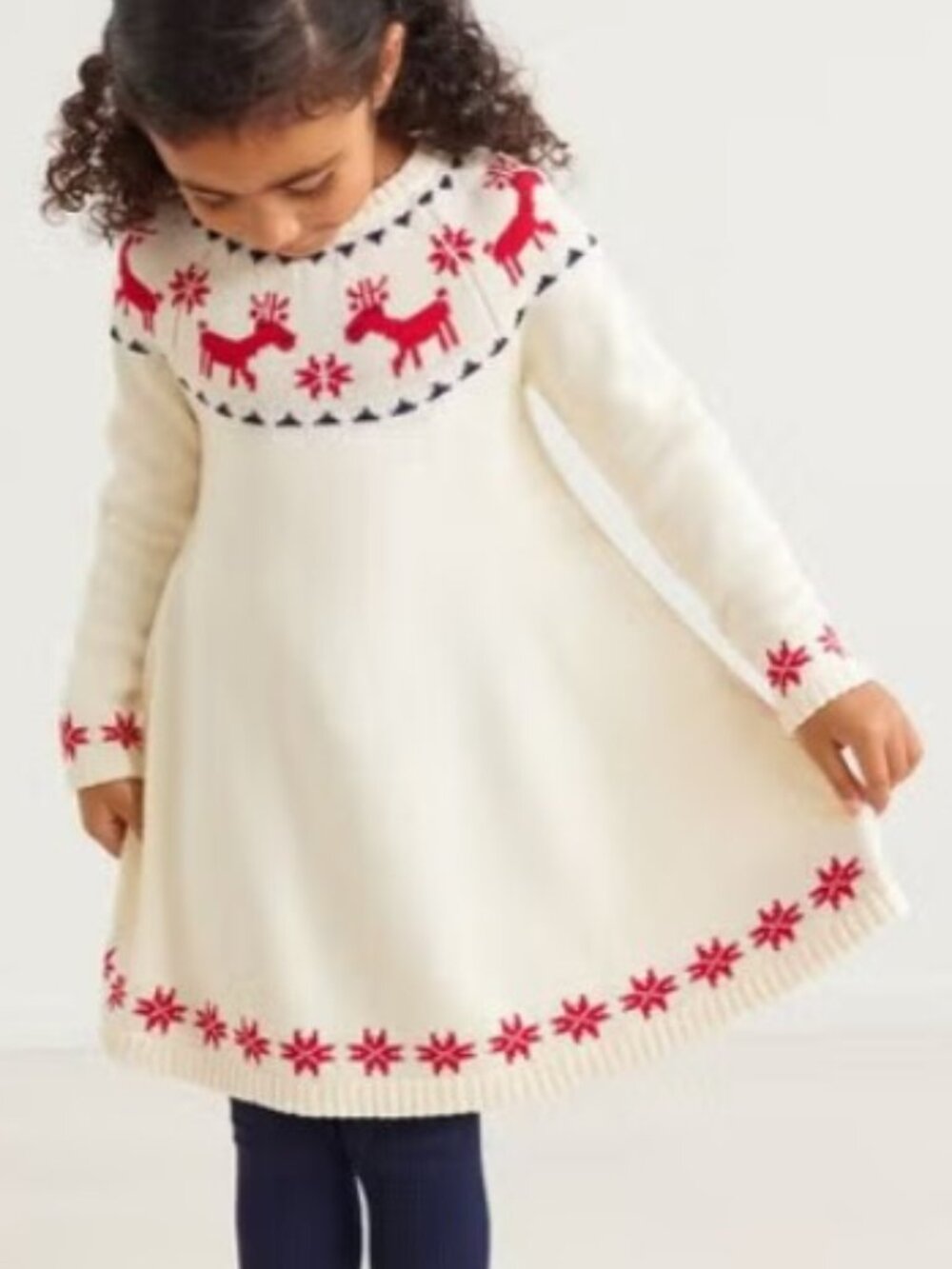 Hanna Andersson Dear Deer Fair Isle Sweater Dress Cream Red Size 4